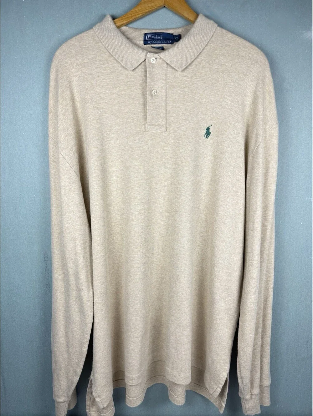 Polo Ralph Lauren Polo Shirt Men's Large Beige Stretch Long Sleeve Casual Preppy